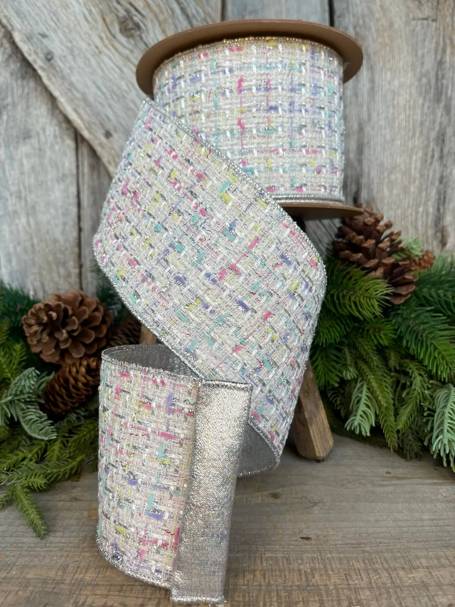 4" White Tweed Ribbon, Pastel Christmas Ribbon