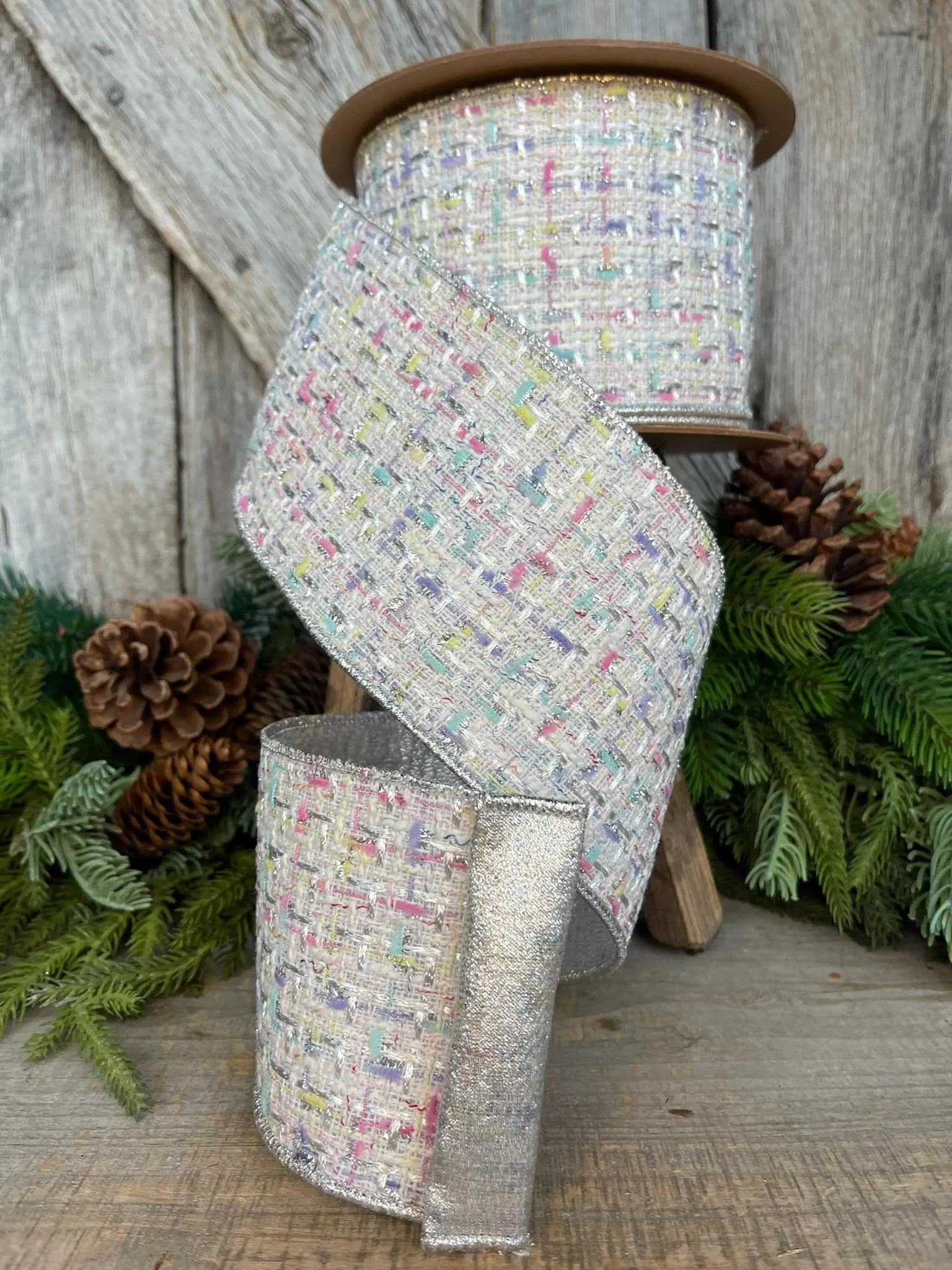 4" White Tweed Ribbon, Pastel Christmas Ribbon