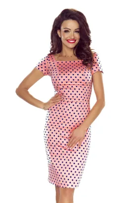 Bergamo 440-2 Elegant cotton dress with short sleeves - pink with navy blue polka dots