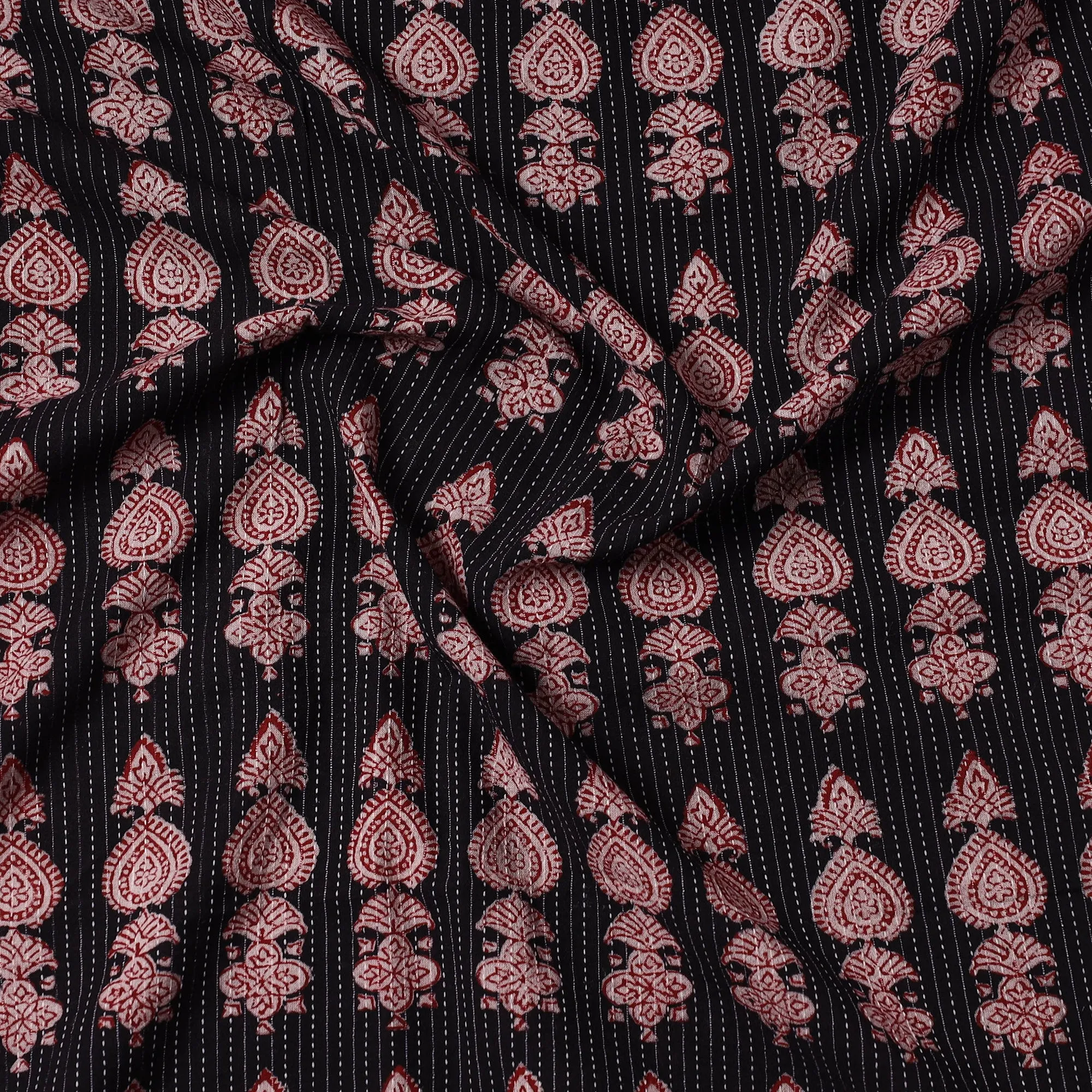 Black - Bagh Block Printed Kantha Style Cotton Precut Fabric (1.25 meter) 84