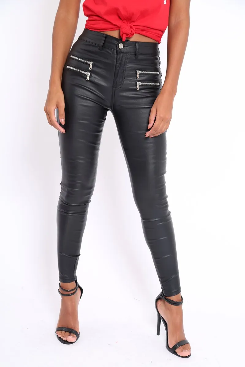 Black Coated Skinny Jeans with Zip Detail - Karlyn