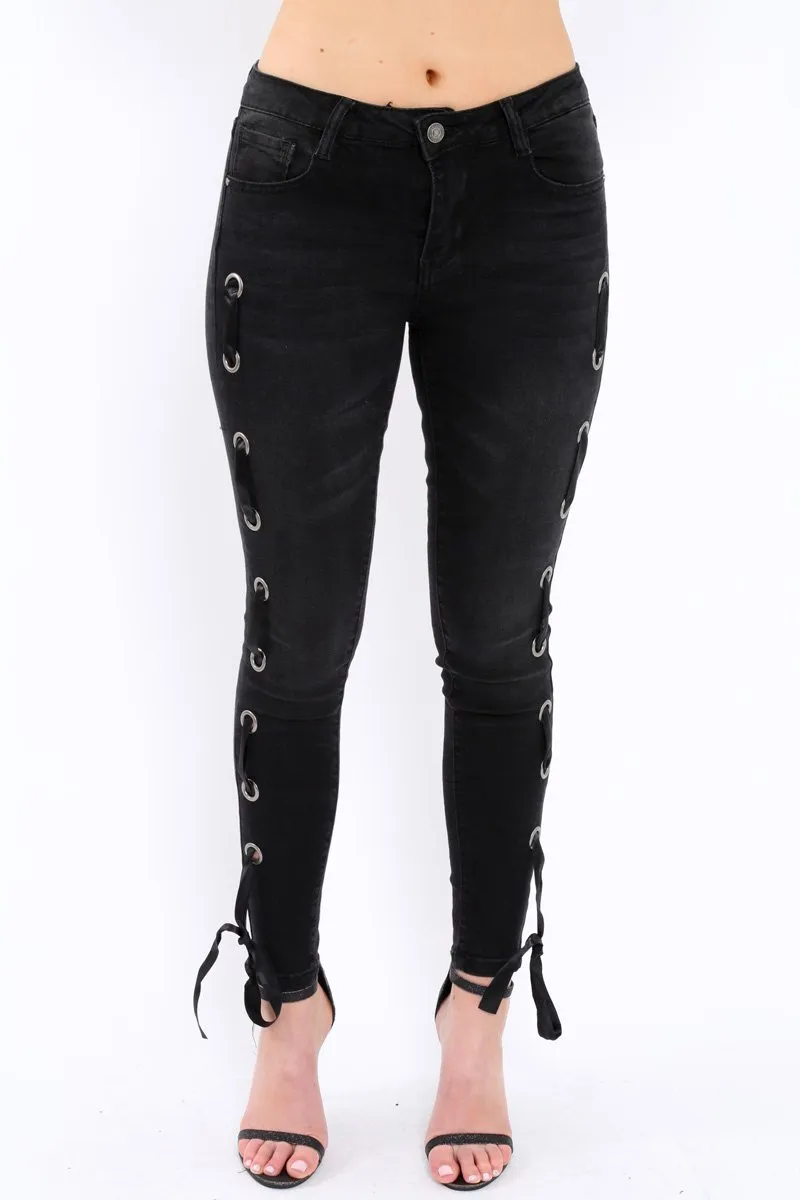 Black Eyelet Lace Detail Skinny Jeans - Isobel