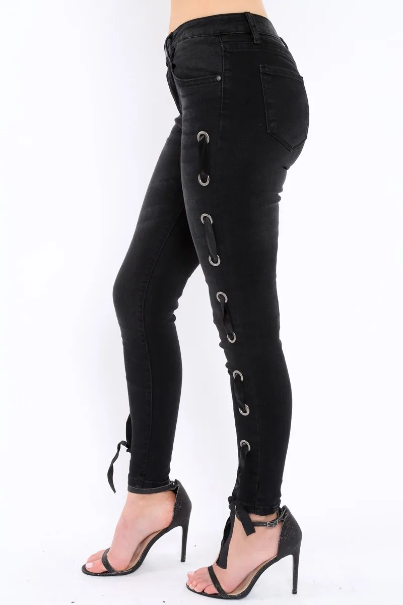 Black Eyelet Lace Detail Skinny Jeans - Isobel