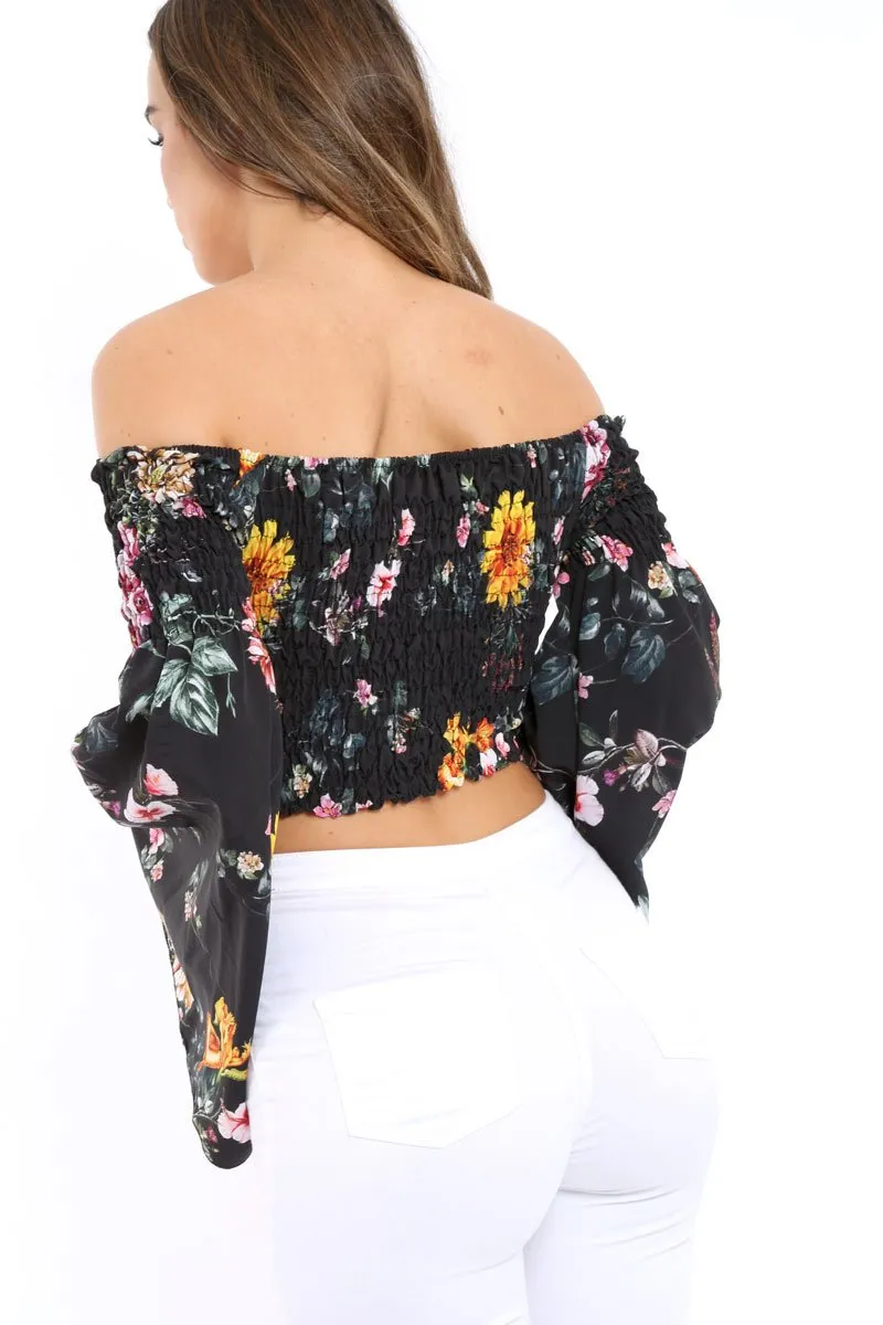 Black Floral Shirred Flared Sleeve Top - Jaasia