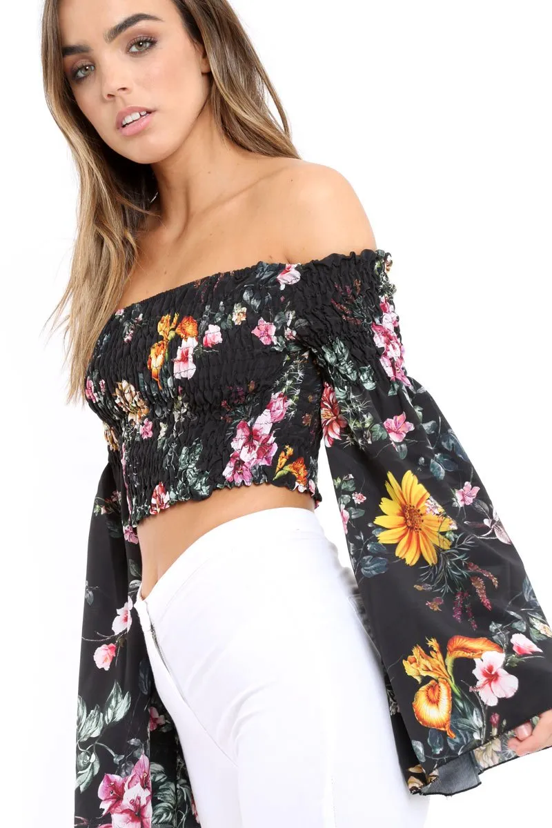 Black Floral Shirred Flared Sleeve Top - Jaasia