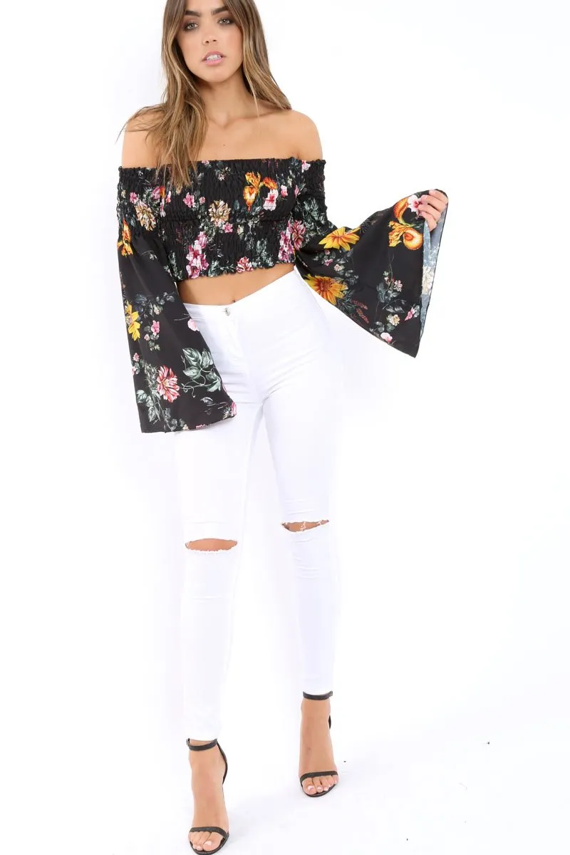 Black Floral Shirred Flared Sleeve Top - Jaasia