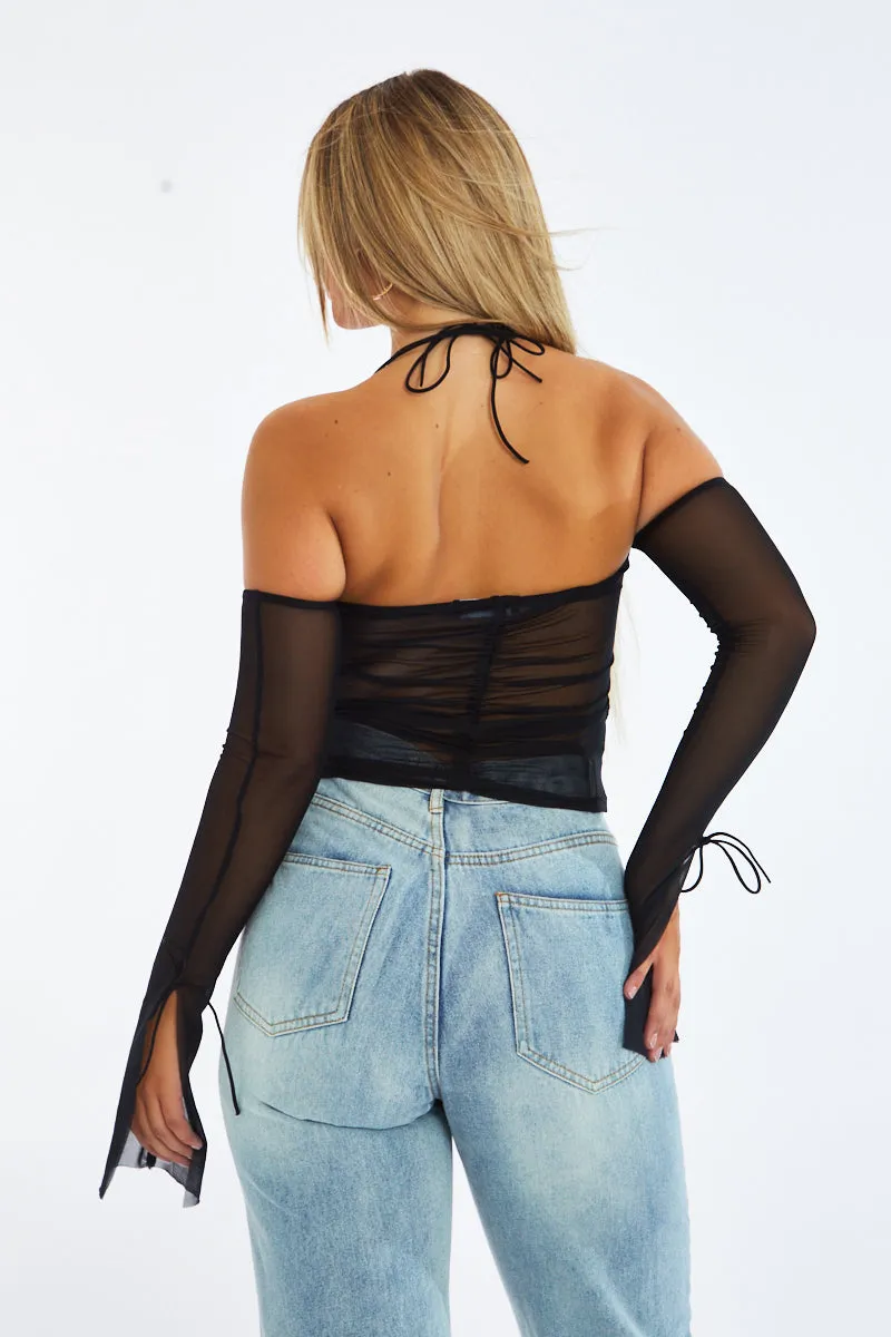 Black Mesh Halter Neck Tie Crop Top - Lila