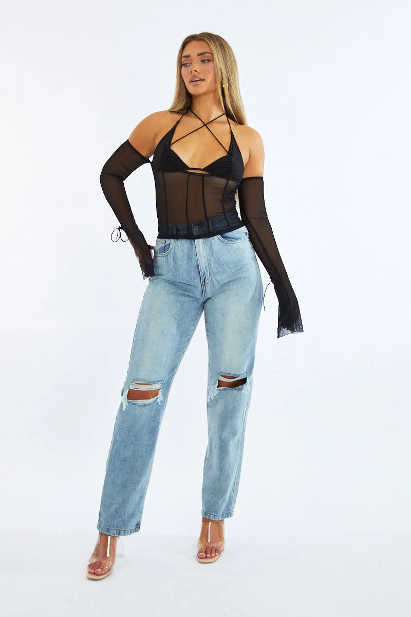 Black Mesh Halter Neck Tie Crop Top - Lila