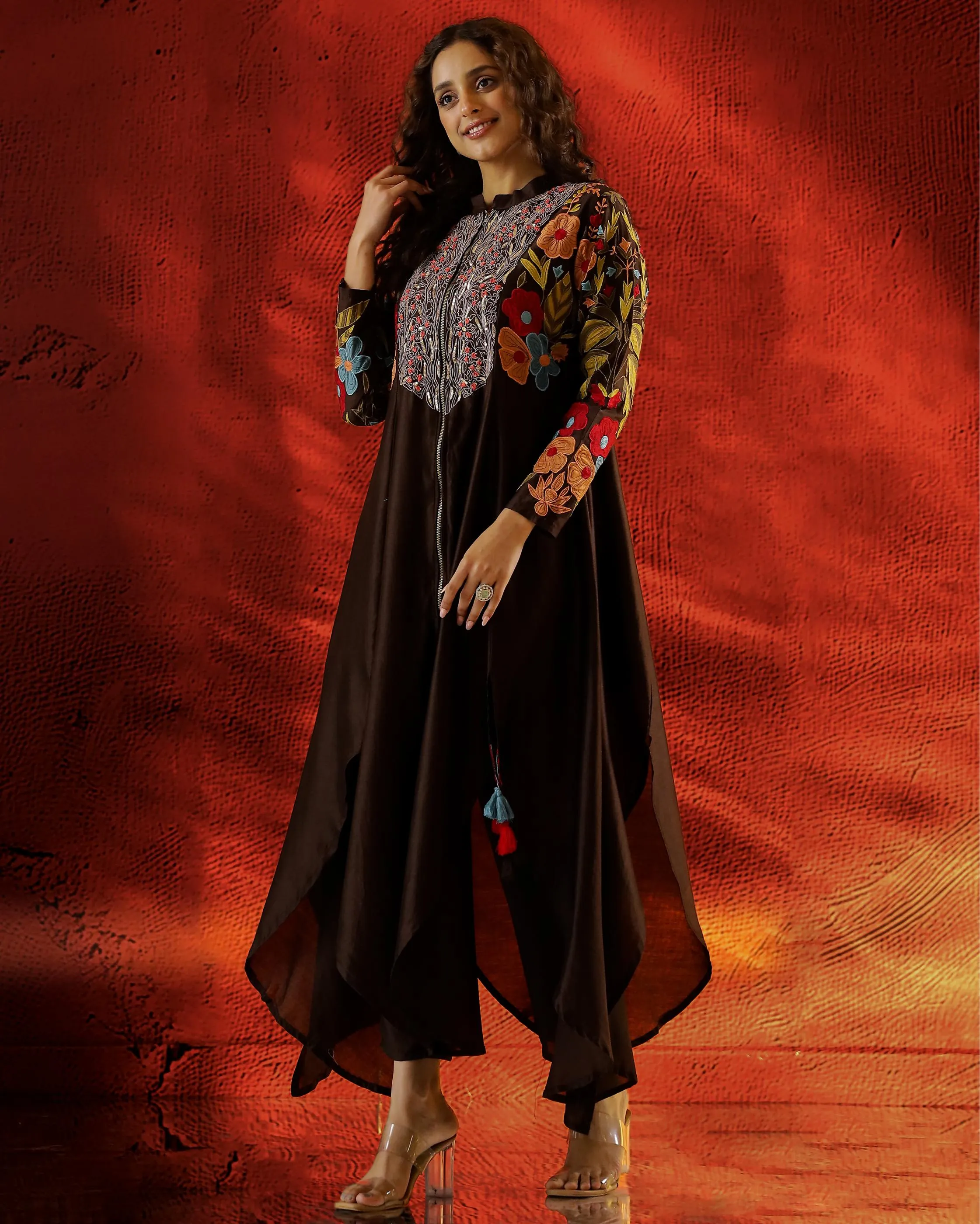 Brown Embroidered Raw Silk Kurta Set