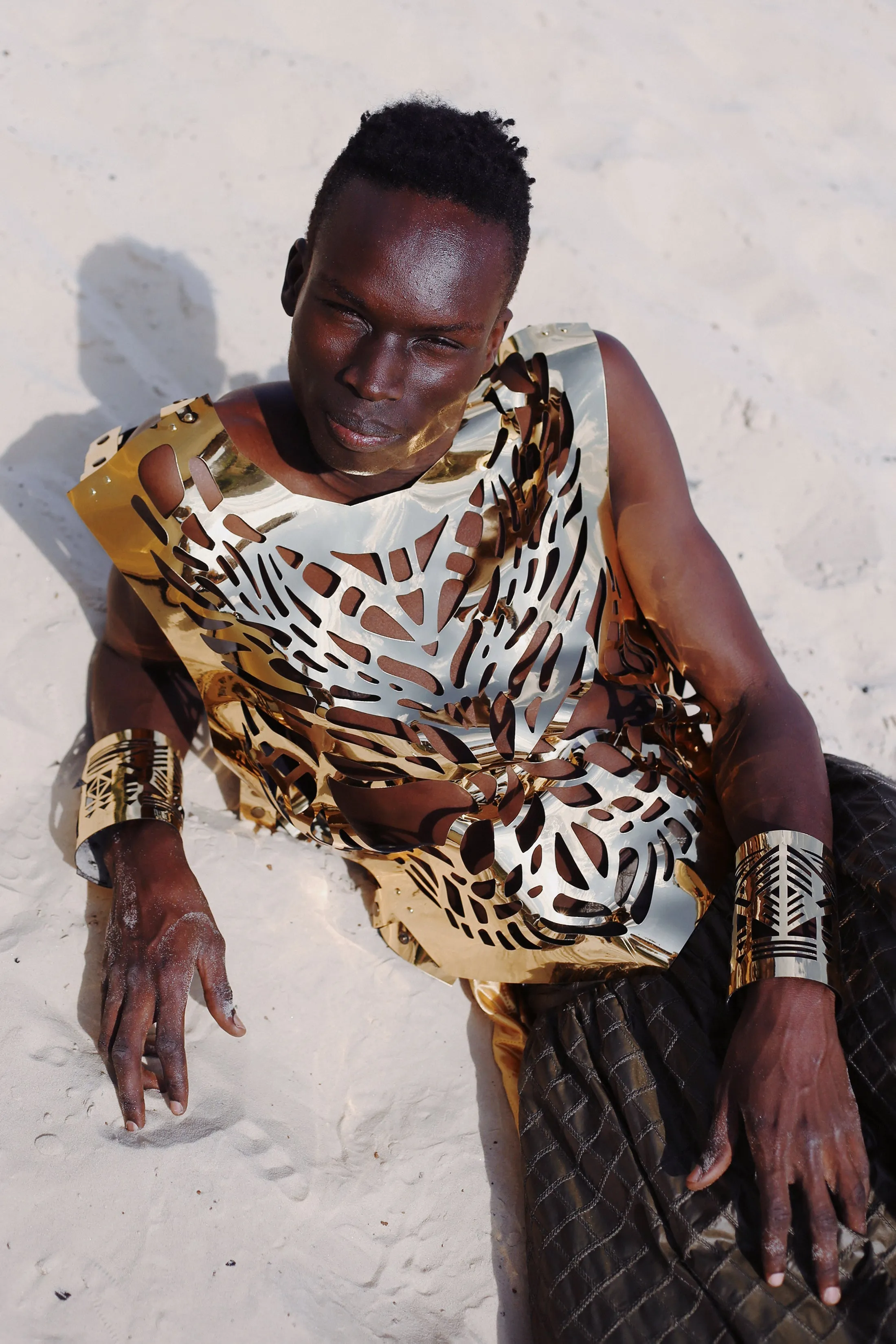 Carved bracelets made of mirror leather for men / GOLD