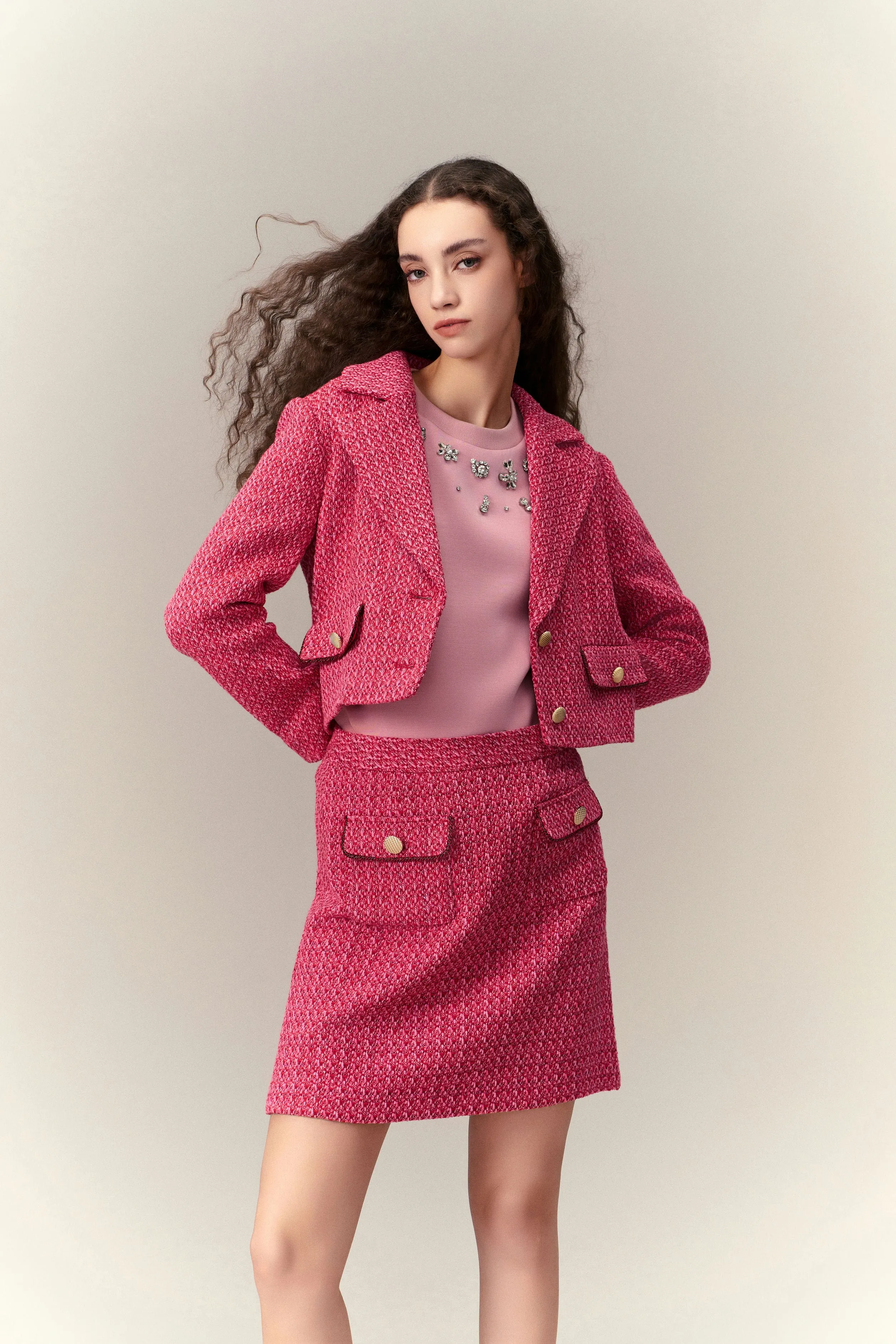 Fuchsia Pink Patch-Pocket Cropped Jacket