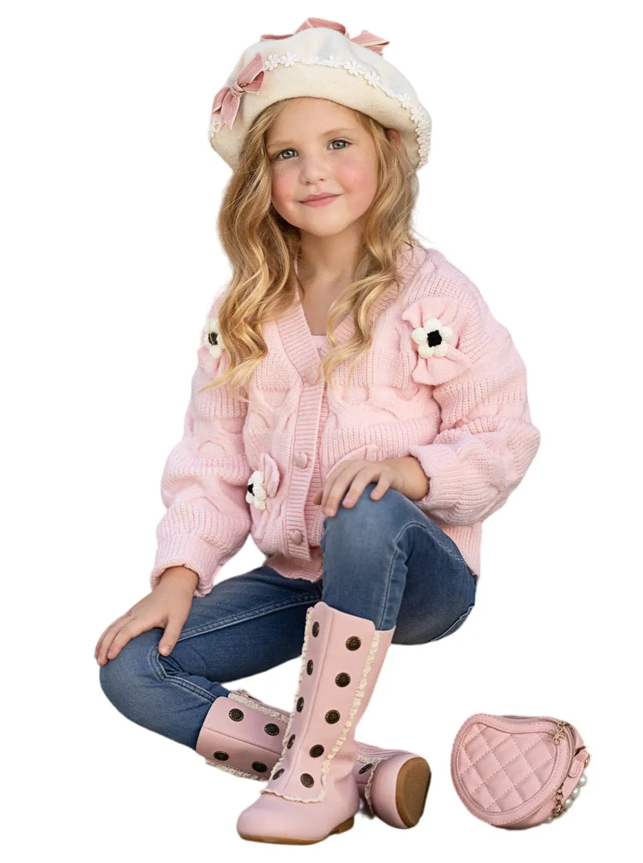 Girls Floral Button-up Cardigan With Adorable 3d Flower Details And Heart-shaped Buttons