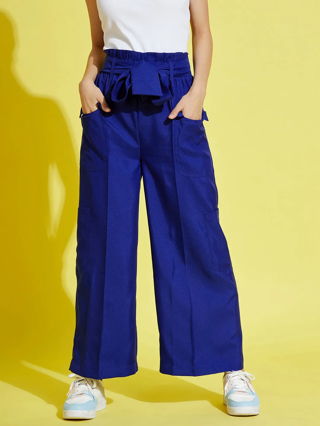 Girls Royal Blue Paper Bag Multi Pocket Pants