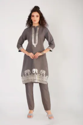 Greige Embroidered Pure Linen Kurta & Pants Set