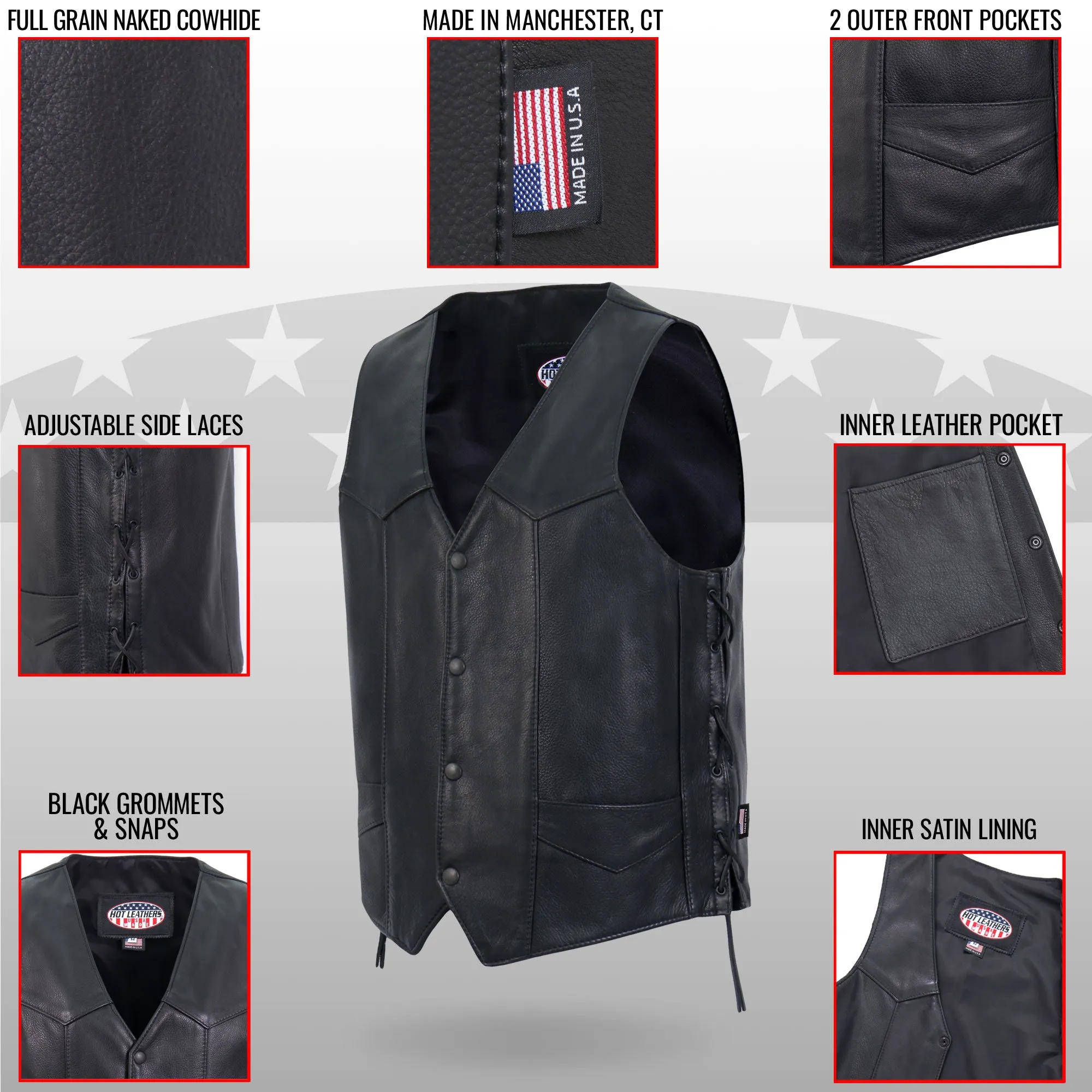 Hot Leathers VSM5008 Men's USA Made Side Lace Premium Leather Motorcycle Biker Vest