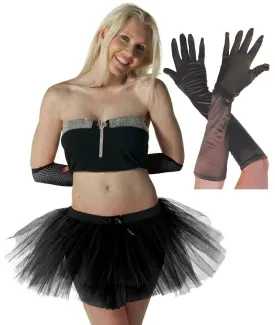 Ladies Black 3 Layer Tutu Skirt Long Satin Gloves Hen Night Fancy Dress Costume