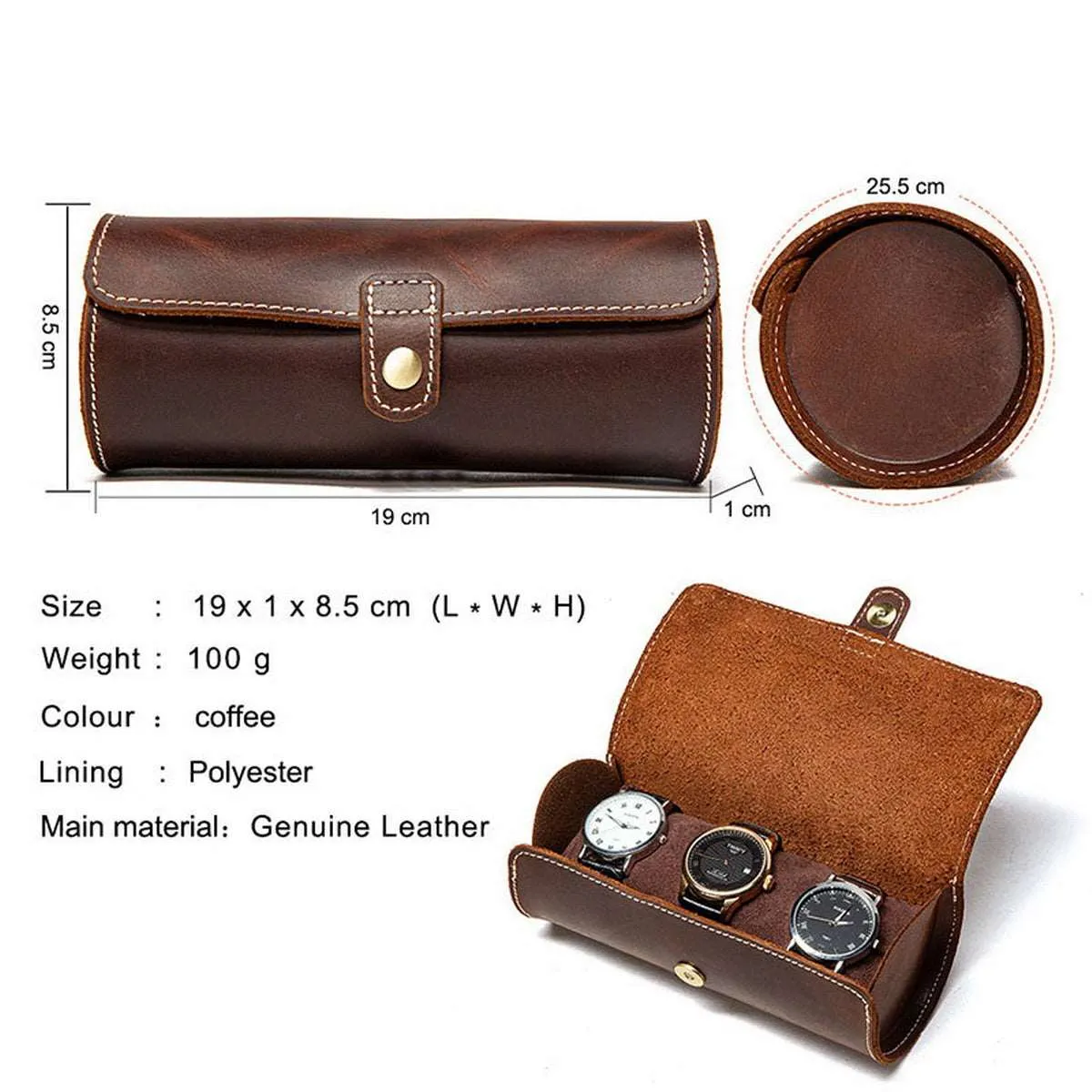 Luxury 3 Watch Case Made of Genuine Cowhide Leather