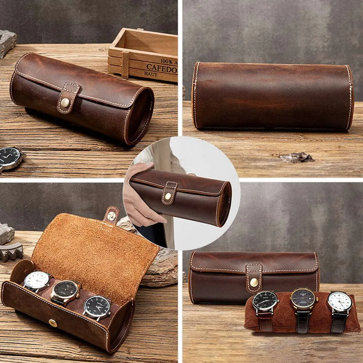 Luxury 3 Watch Case Made of Genuine Cowhide Leather