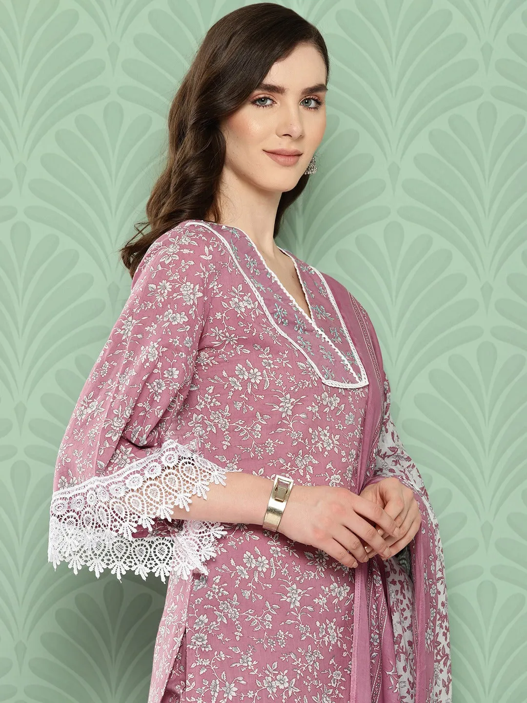 Mauve Floral Printed Regular Cotton Kurta With Trousers & With Dupatta Set