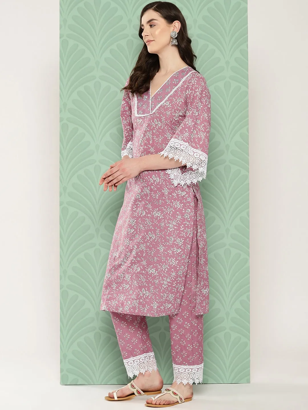 Mauve Floral Printed Regular Cotton Kurta With Trousers & With Dupatta Set