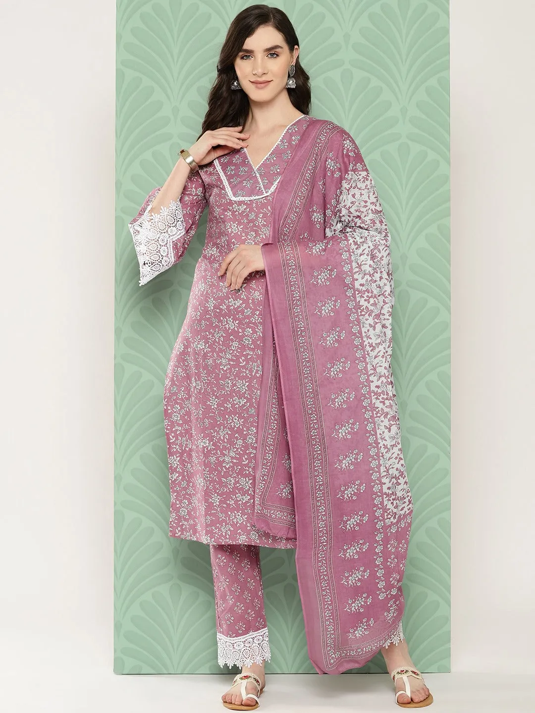 Mauve Floral Printed Regular Cotton Kurta With Trousers & With Dupatta Set