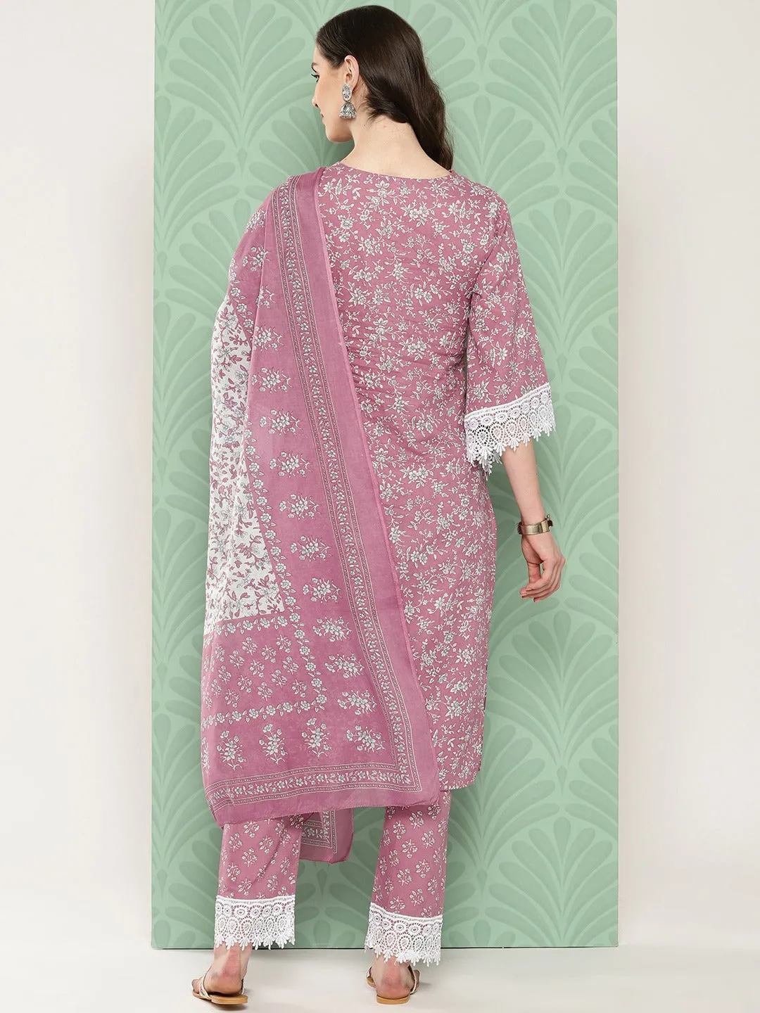 Mauve Floral Printed Regular Cotton Kurta With Trousers & With Dupatta Set