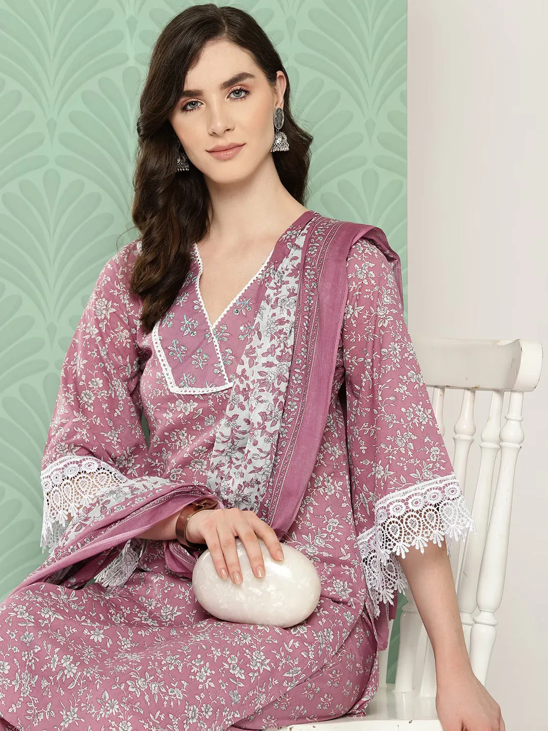 Mauve Floral Printed Regular Cotton Kurta With Trousers & With Dupatta Set