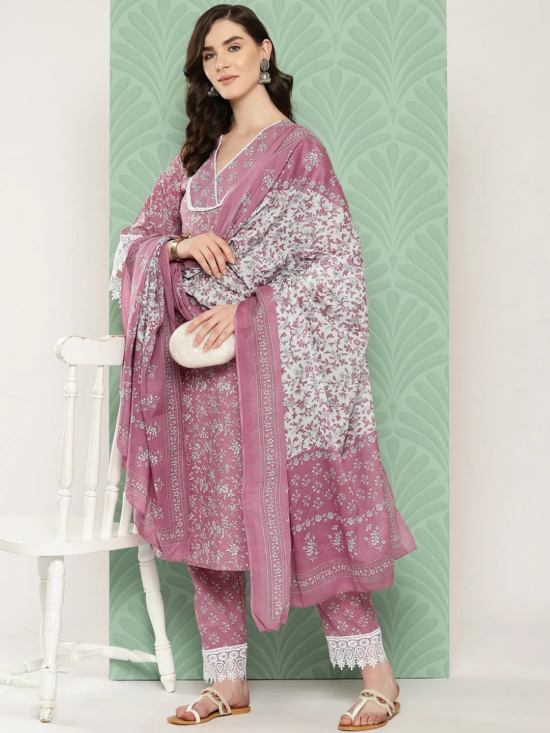 Mauve Floral Printed Regular Cotton Kurta With Trousers & With Dupatta Set