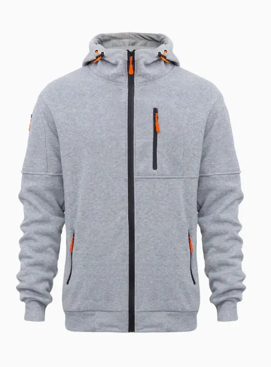 MEN'S HOODED SPORTS STYLE SWEATSHIRT WITH MULTIPLE ZIPPERS AND POCKETS