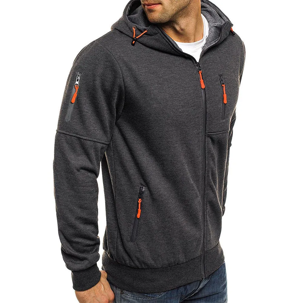 MEN'S HOODED SPORTS STYLE SWEATSHIRT WITH MULTIPLE ZIPPERS AND POCKETS