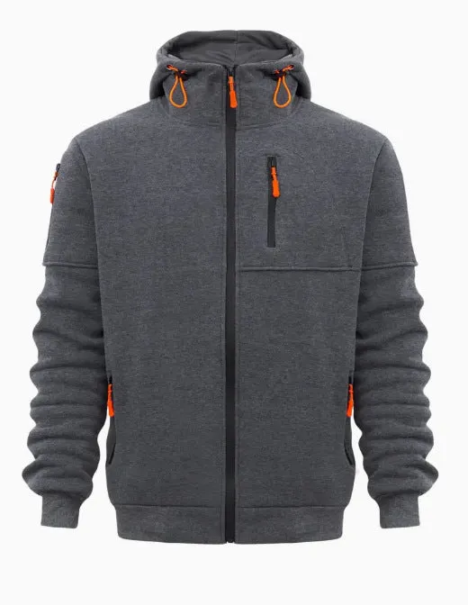 MEN'S HOODED SPORTS STYLE SWEATSHIRT WITH MULTIPLE ZIPPERS AND POCKETS