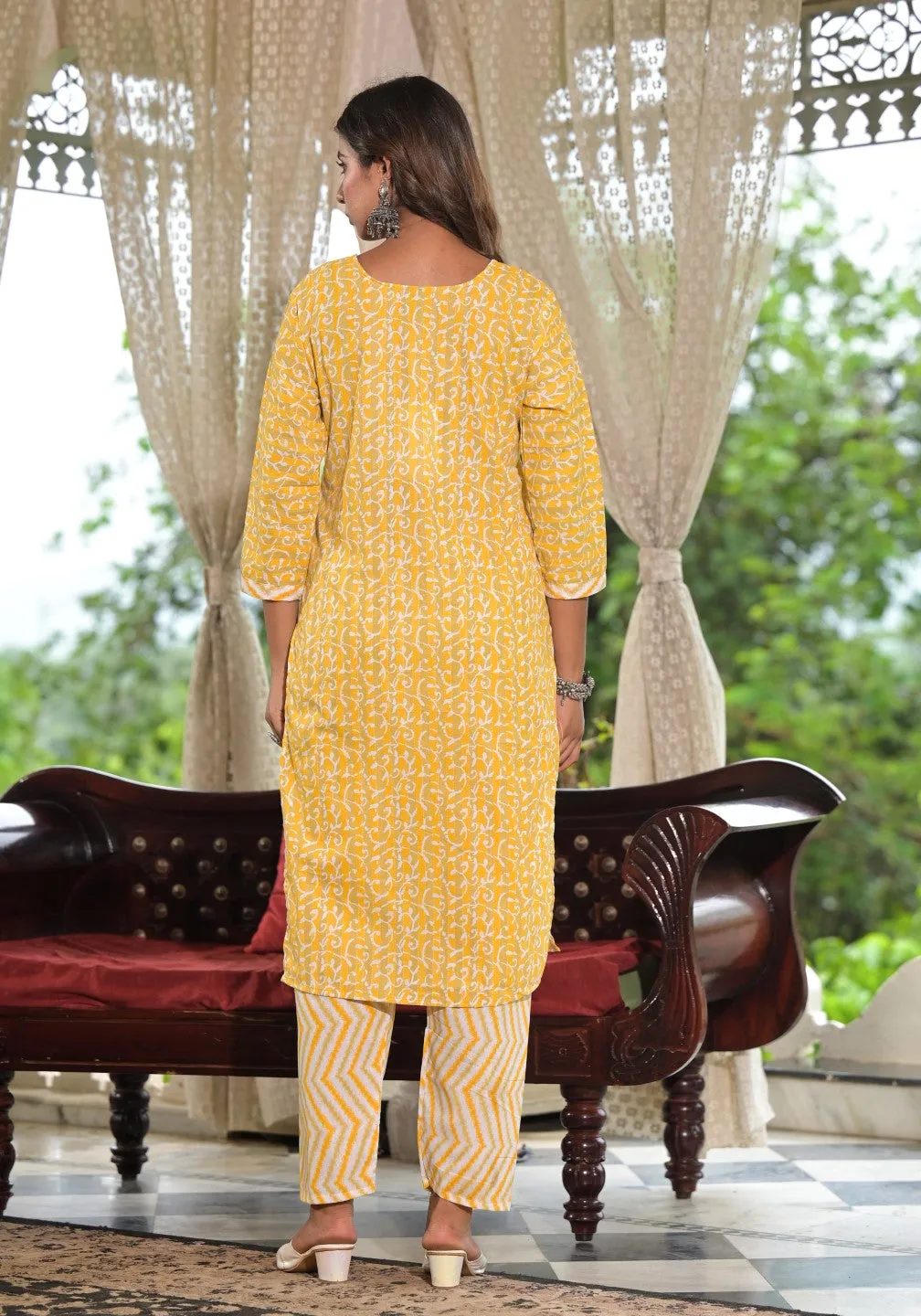 Mustard Ethnic Motif Printed Cotton Kurta, Pant And Dupatta Set With Lace & Buttons