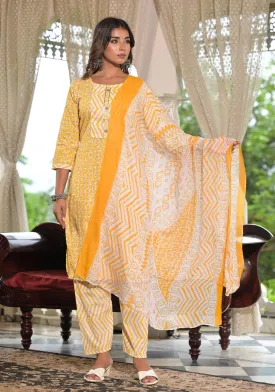 Mustard Ethnic Motif Printed Cotton Kurta, Pant And Dupatta Set With Lace & Buttons