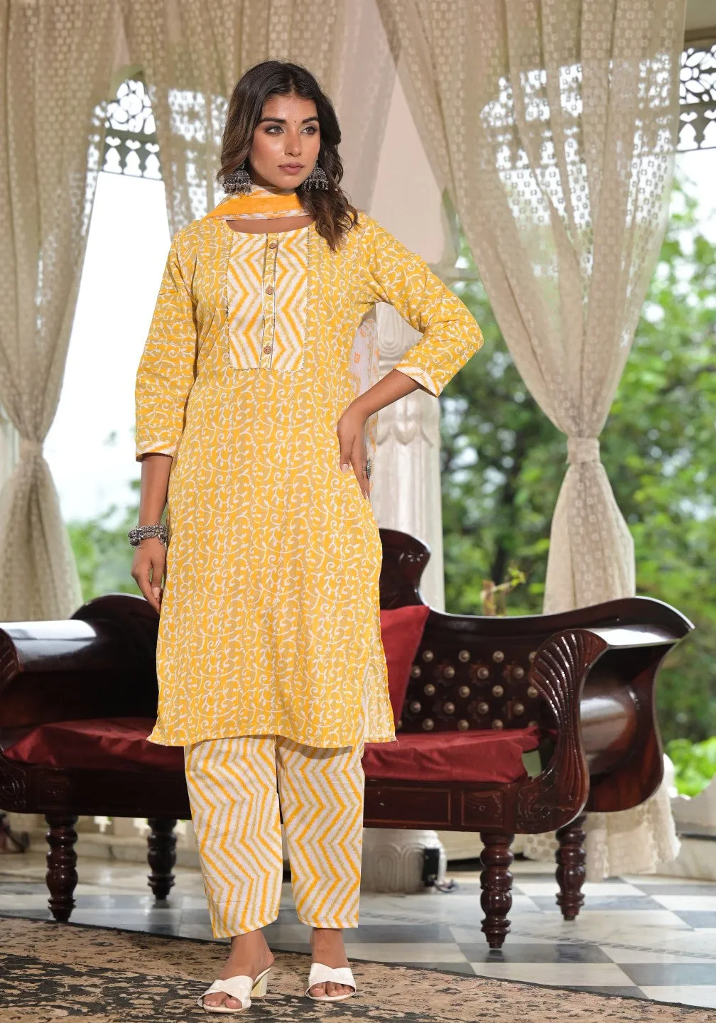 Mustard Ethnic Motif Printed Cotton Kurta, Pant And Dupatta Set With Lace & Buttons