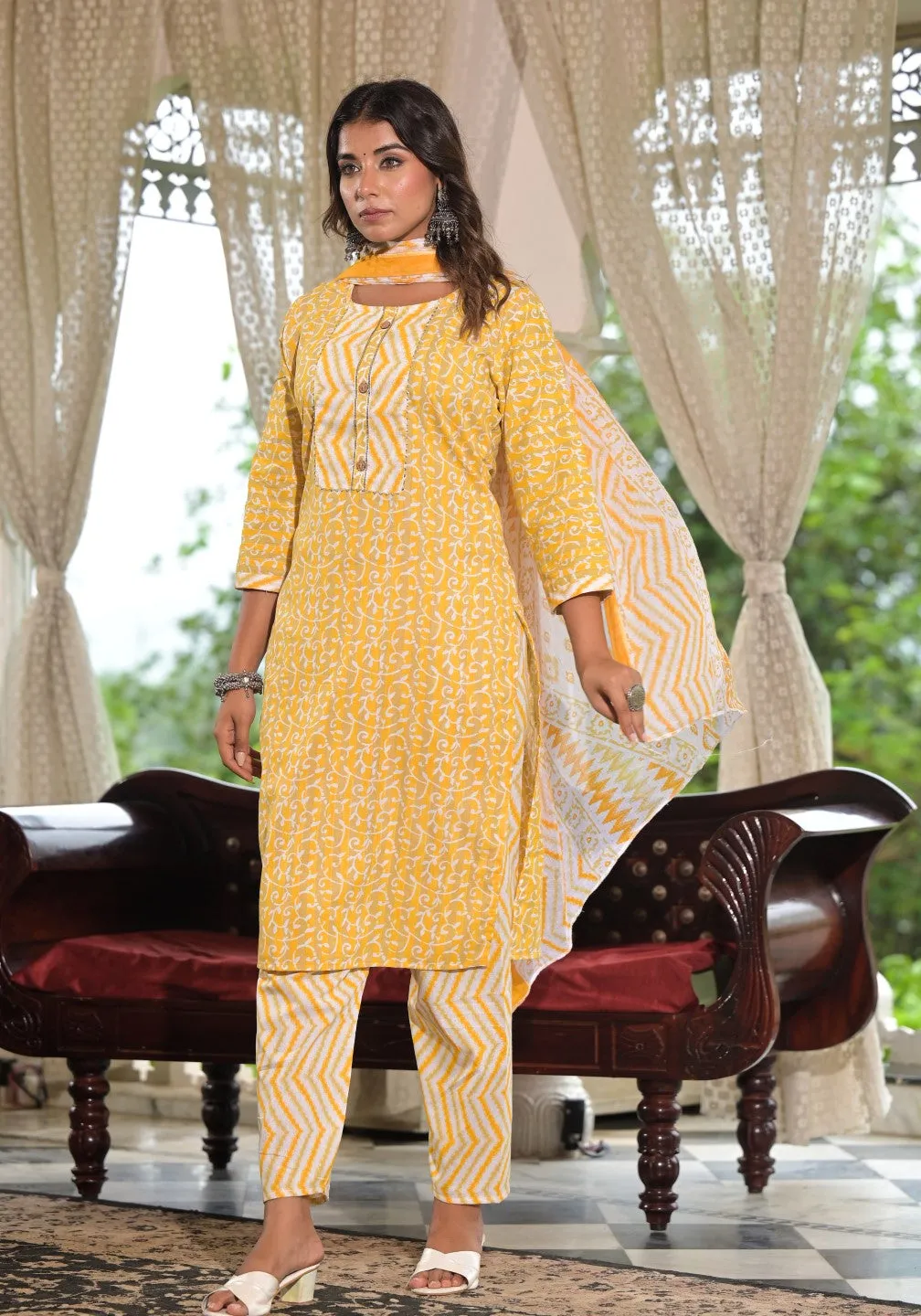 Mustard Ethnic Motif Printed Cotton Kurta, Pant And Dupatta Set With Lace & Buttons