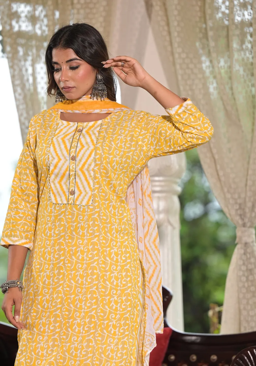 Mustard Ethnic Motif Printed Cotton Kurta, Pant And Dupatta Set With Lace & Buttons