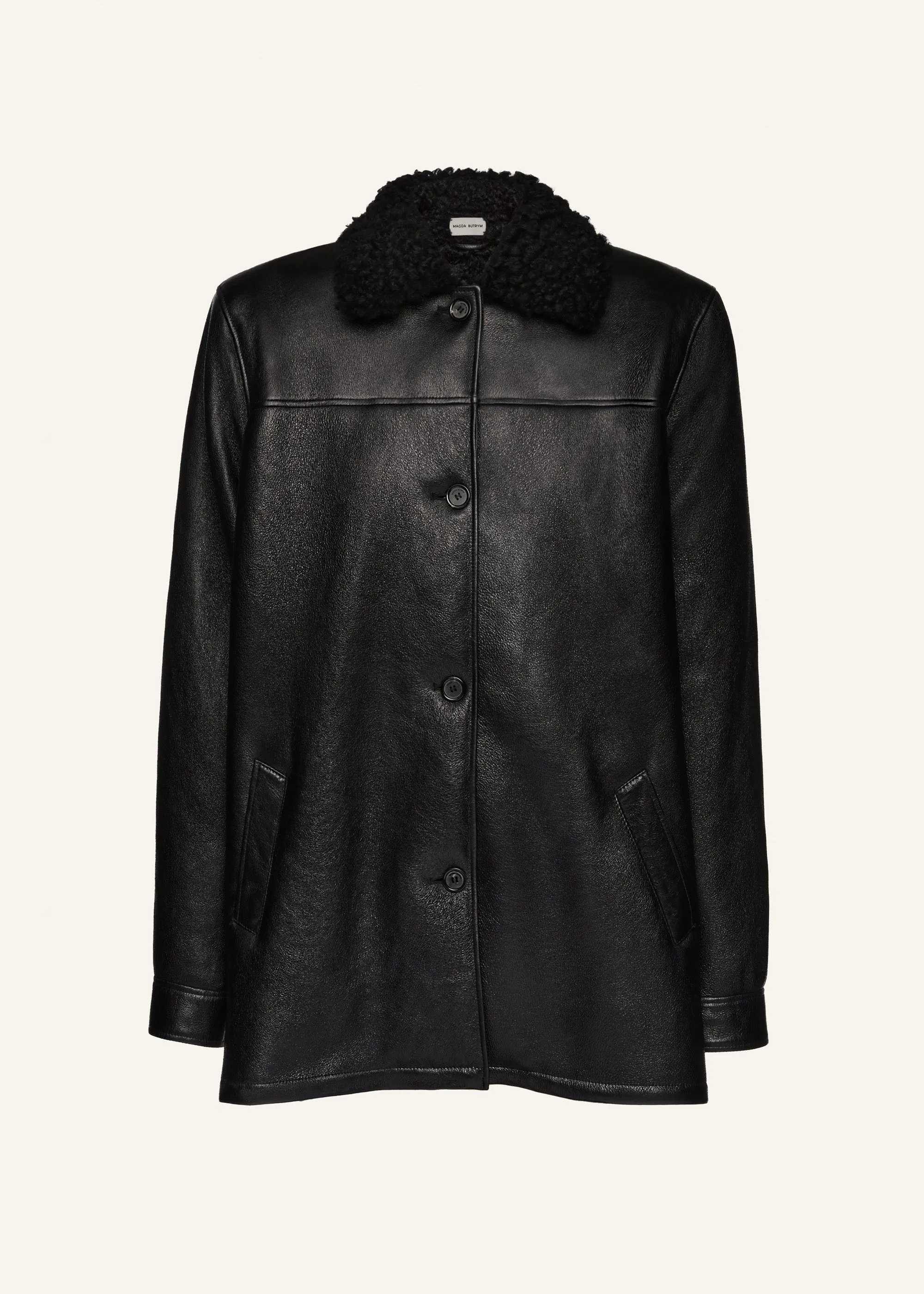 Oversized shearling-trim leather button-up jacket in black