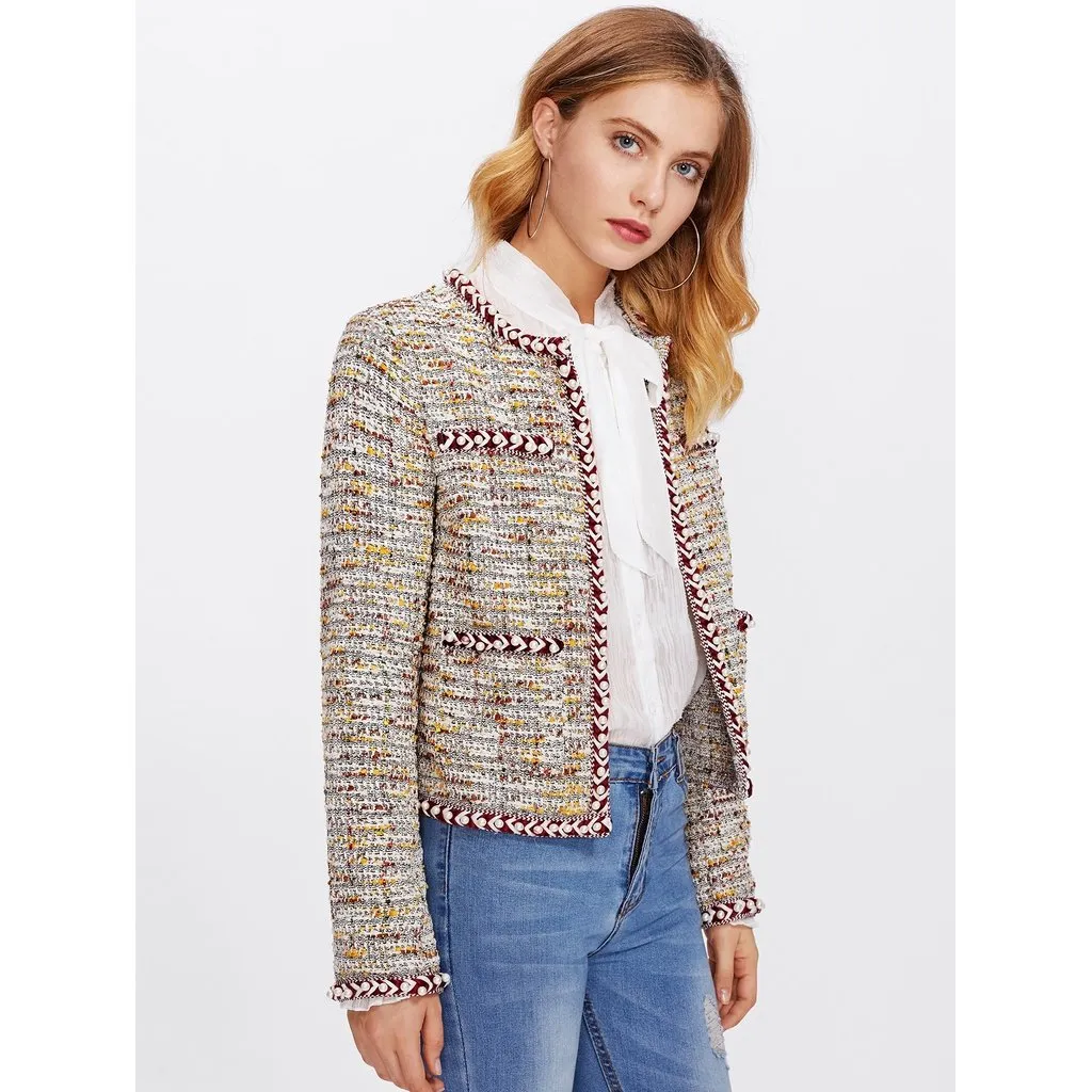 Pearl Beading Braided Tape Trim Tweed Blazer