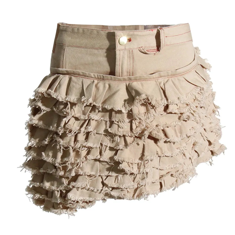 Ruffles A Line Skirts For Women High Waist Patchwork Button Asymmetrical Mini Skirt Female Fashion Clothing