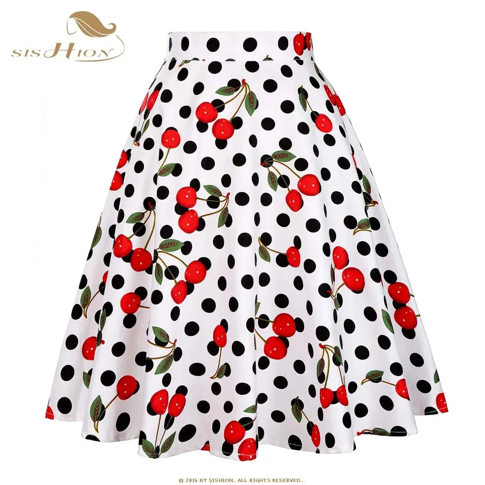 SISHION 2023 New Black Summer Skirt High Waist Floral Print Polka Dot Ladies Plaid Women Skirt Swing Vintage Skirts Womens