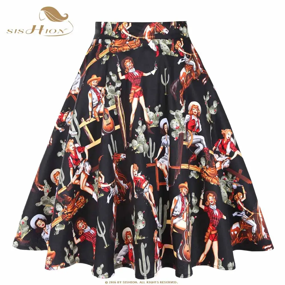 SISHION 2023 New Black Summer Skirt High Waist Floral Print Polka Dot Ladies Plaid Women Skirt Swing Vintage Skirts Womens