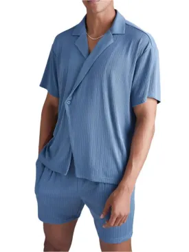 TEEK - Blue Short-Sleeved Shorts Two-Piece Mens Loungewear Set