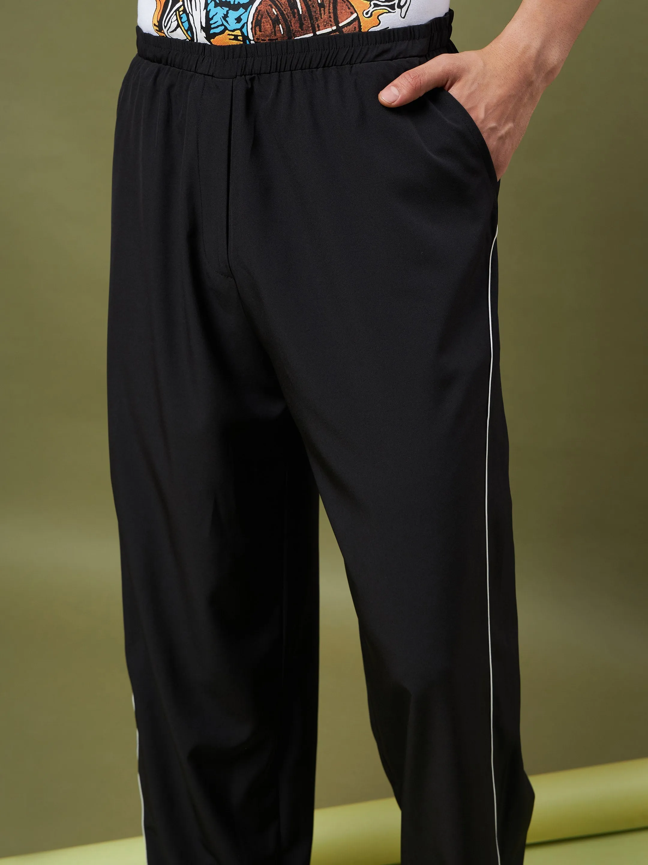 Unisex Black Piping Parachute Track Pants