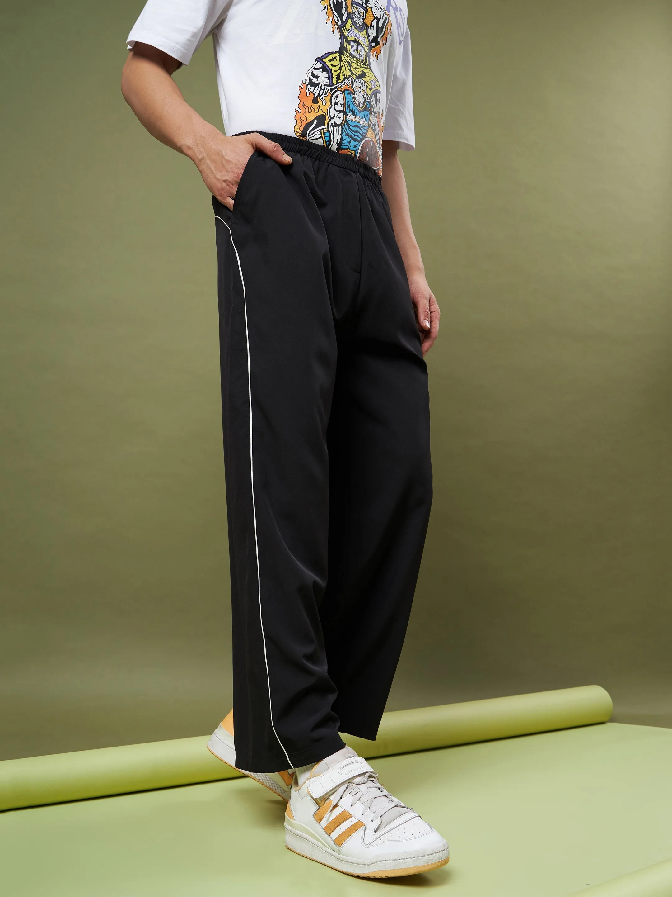 Unisex Black Piping Parachute Track Pants