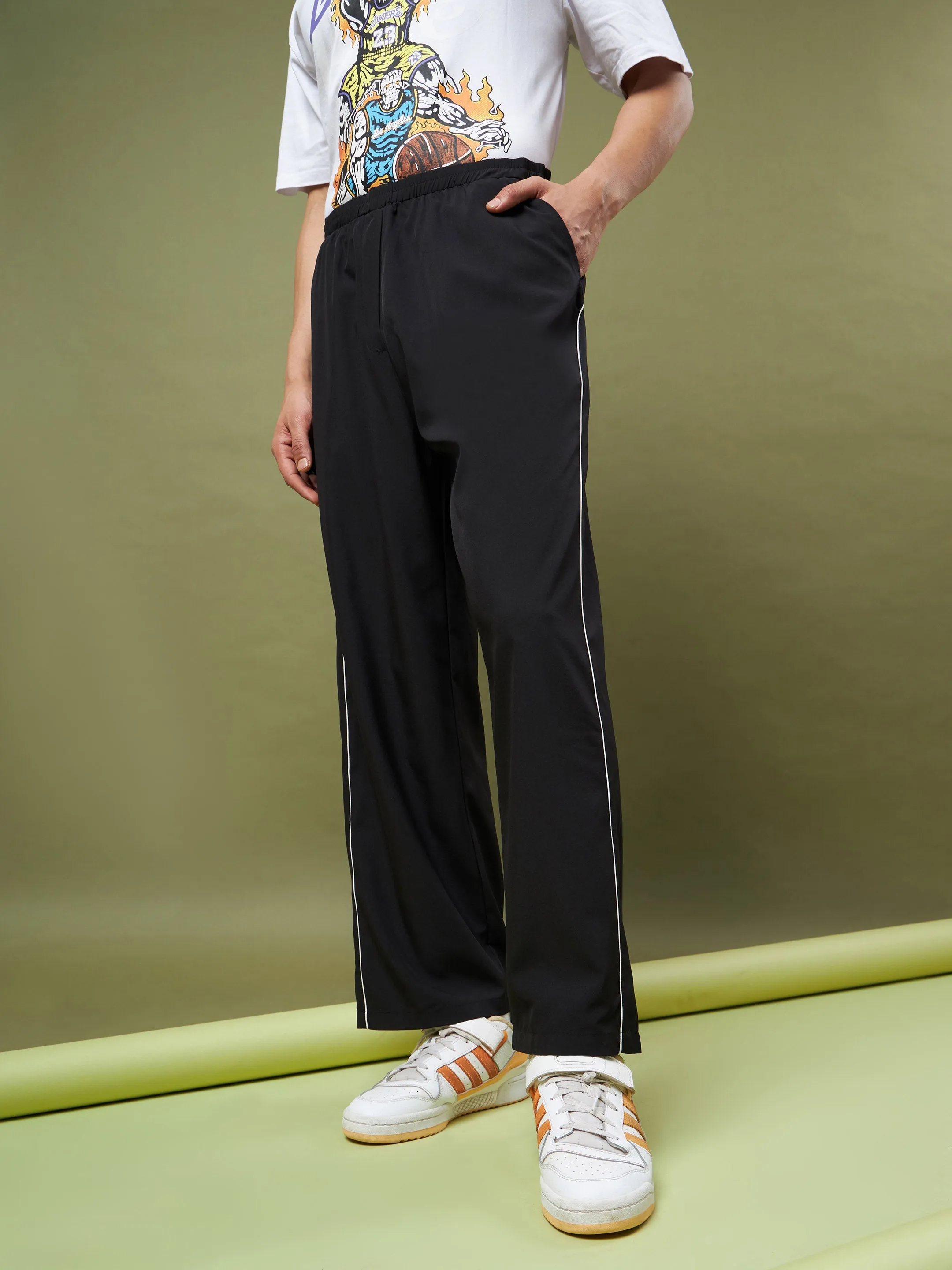 Unisex Black Piping Parachute Track Pants