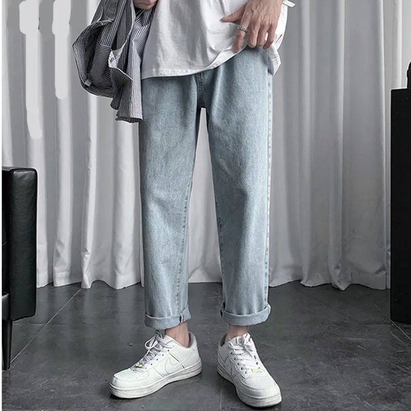 Wiaofellas  Men Blue Jeans Ankle-length Denim Solid Large Size 3XL Spring Chic Leisure All-match Korean Style Mens Trousers Teens Bf Ulzzang