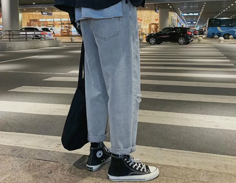 Wiaofellas  Men Blue Jeans Ankle-length Denim Solid Large Size 3XL Spring Chic Leisure All-match Korean Style Mens Trousers Teens Bf Ulzzang