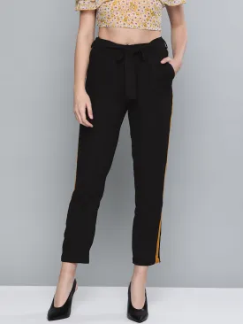 Women Black Side Tape Detail Tapered Pants