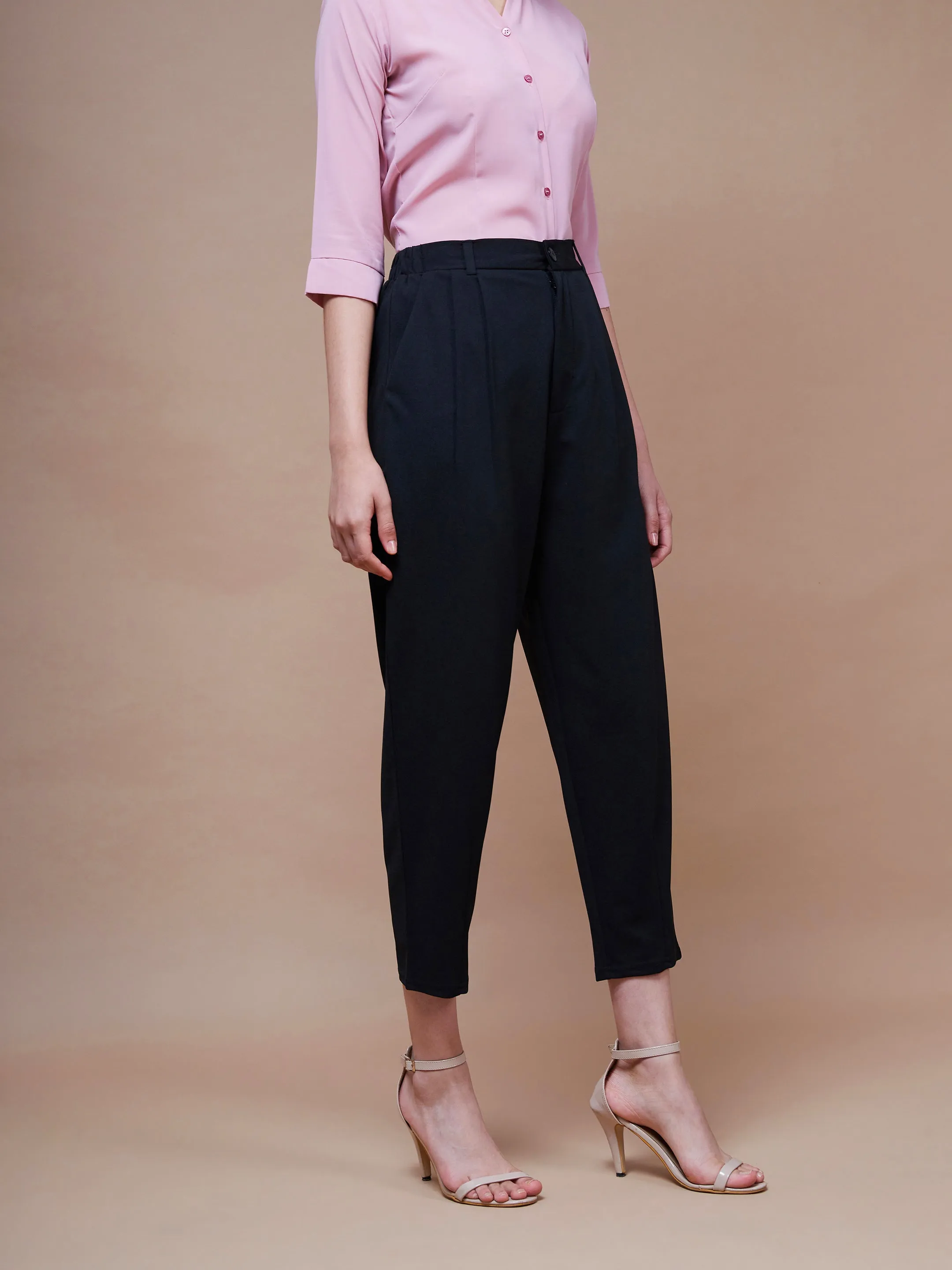 Women Black Stretch Knit Tapered Pants