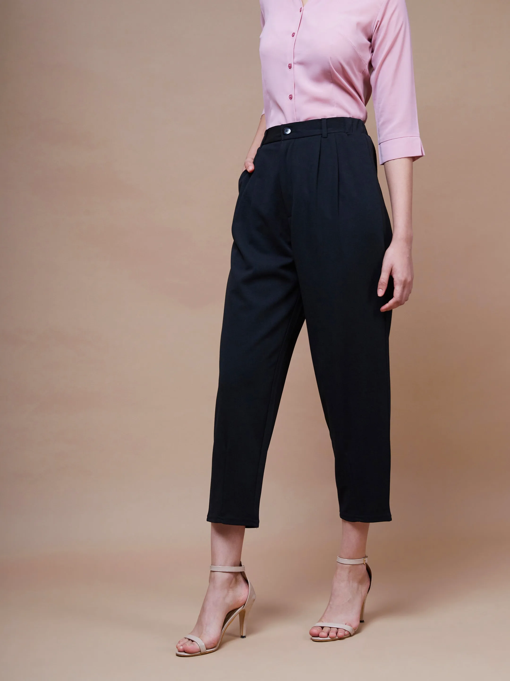 Women Black Stretch Knit Tapered Pants